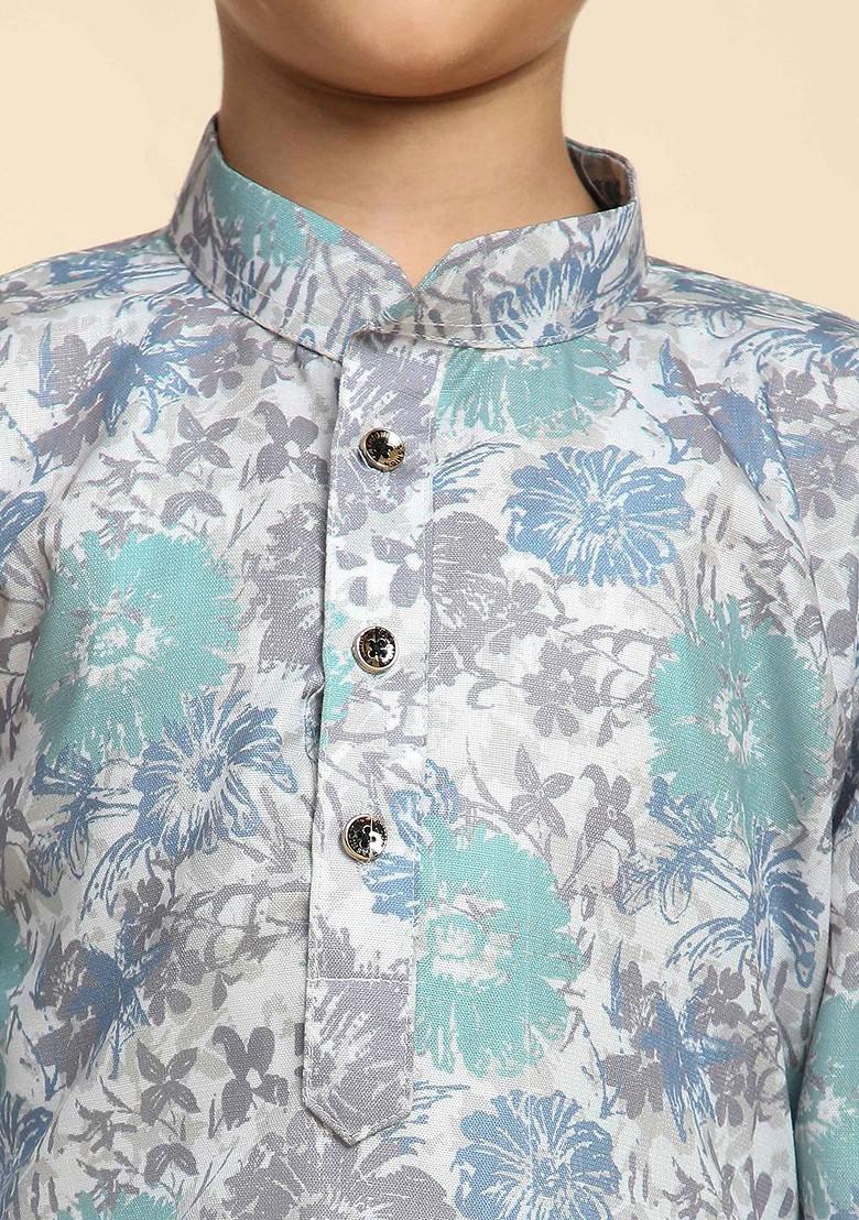 Olive Printed Cotton Kurta Set For Boys - Indya