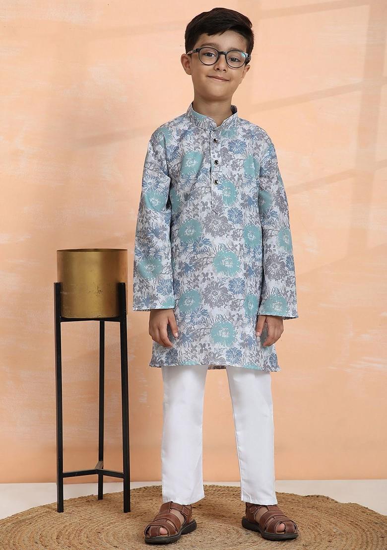 Olive Printed Cotton Kurta Set For Boys - Indya