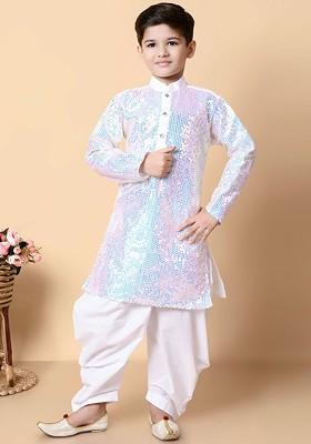 White Sequinned Silk Kurta Set For Boys