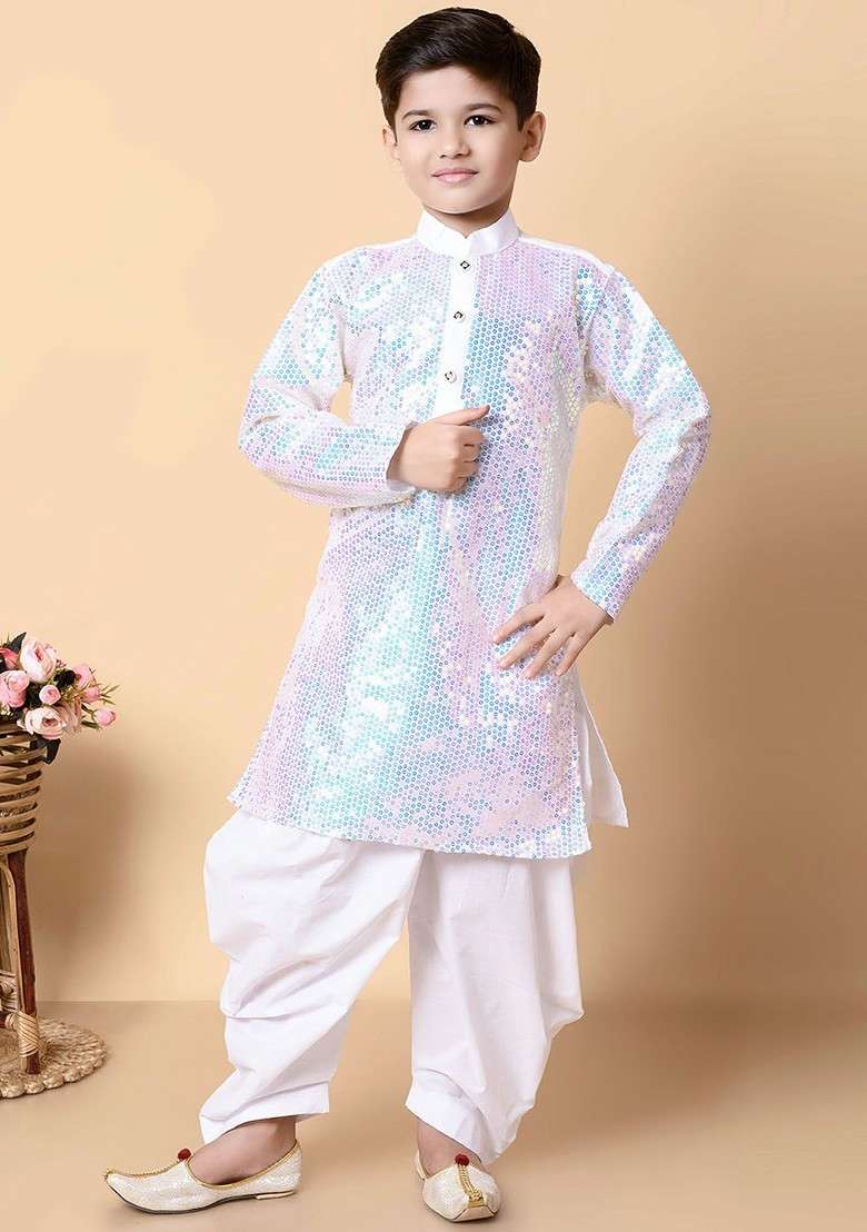 White Sequinned Silk Kurta Set For Boys - Indya