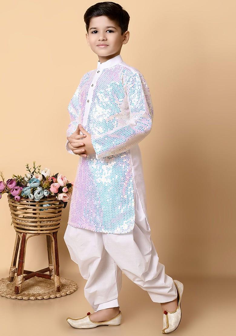 White Sequinned Silk Kurta Set For Boys - Indya
