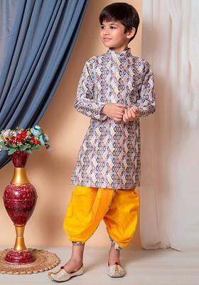 Grey Embroidered Silk Kurta Dhoti Set For Boys