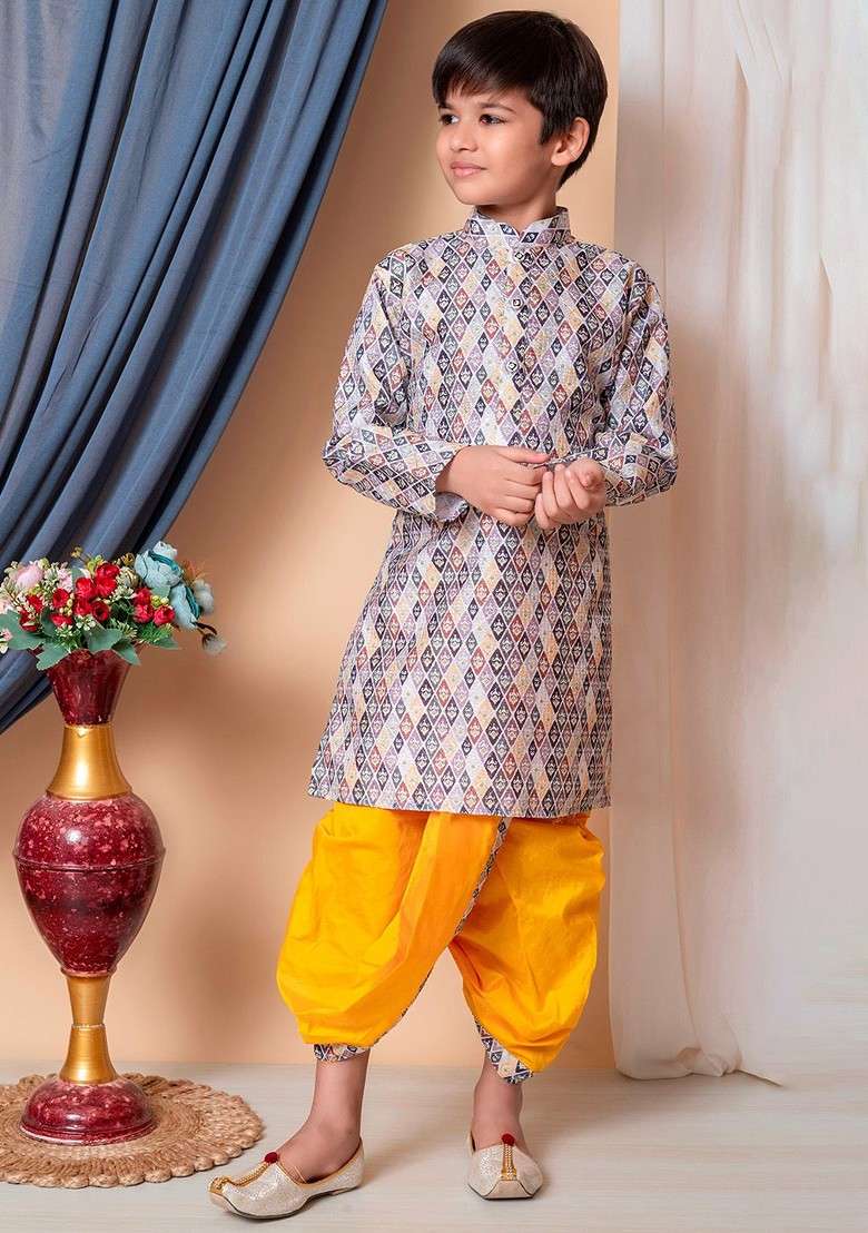 Grey Embroidered Silk Kurta Dhoti Set For Boys - Indya