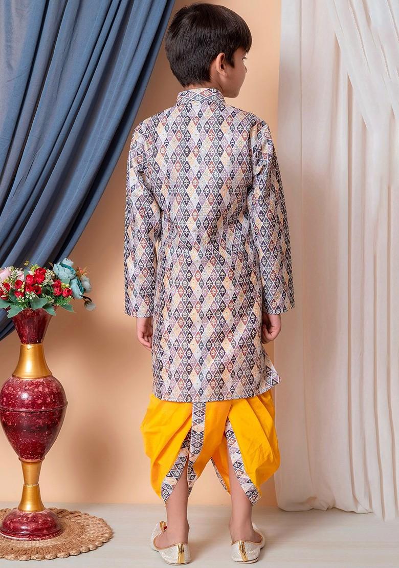 Grey Embroidered Silk Kurta Dhoti Set For Boys - Indya