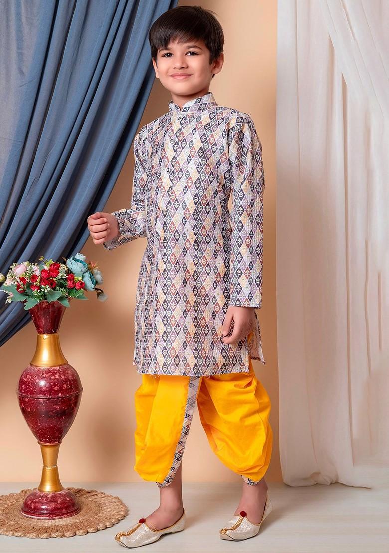 Grey Embroidered Silk Kurta Dhoti Set For Boys - Indya