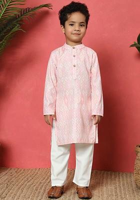 Pink Embroidered Cotton Kurta Set For Boys