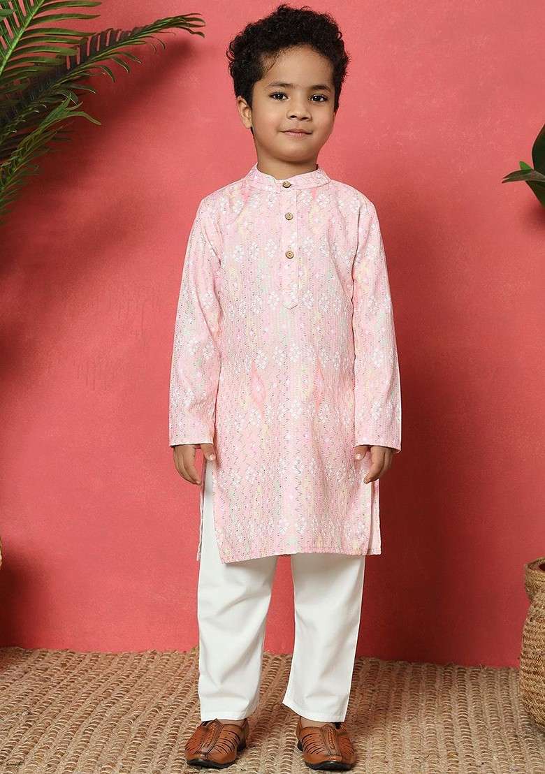 Pink Embroidered Cotton Kurta Set For Boys - Indya