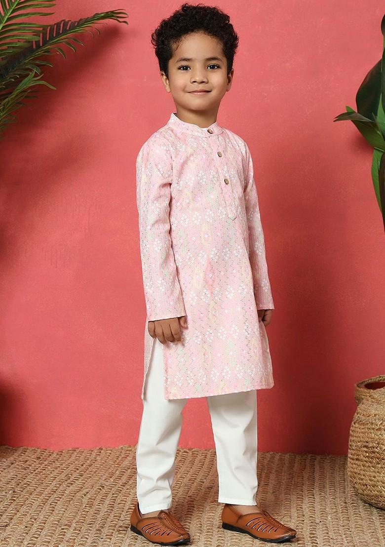 Pink Embroidered Cotton Kurta Set For Boys - Indya