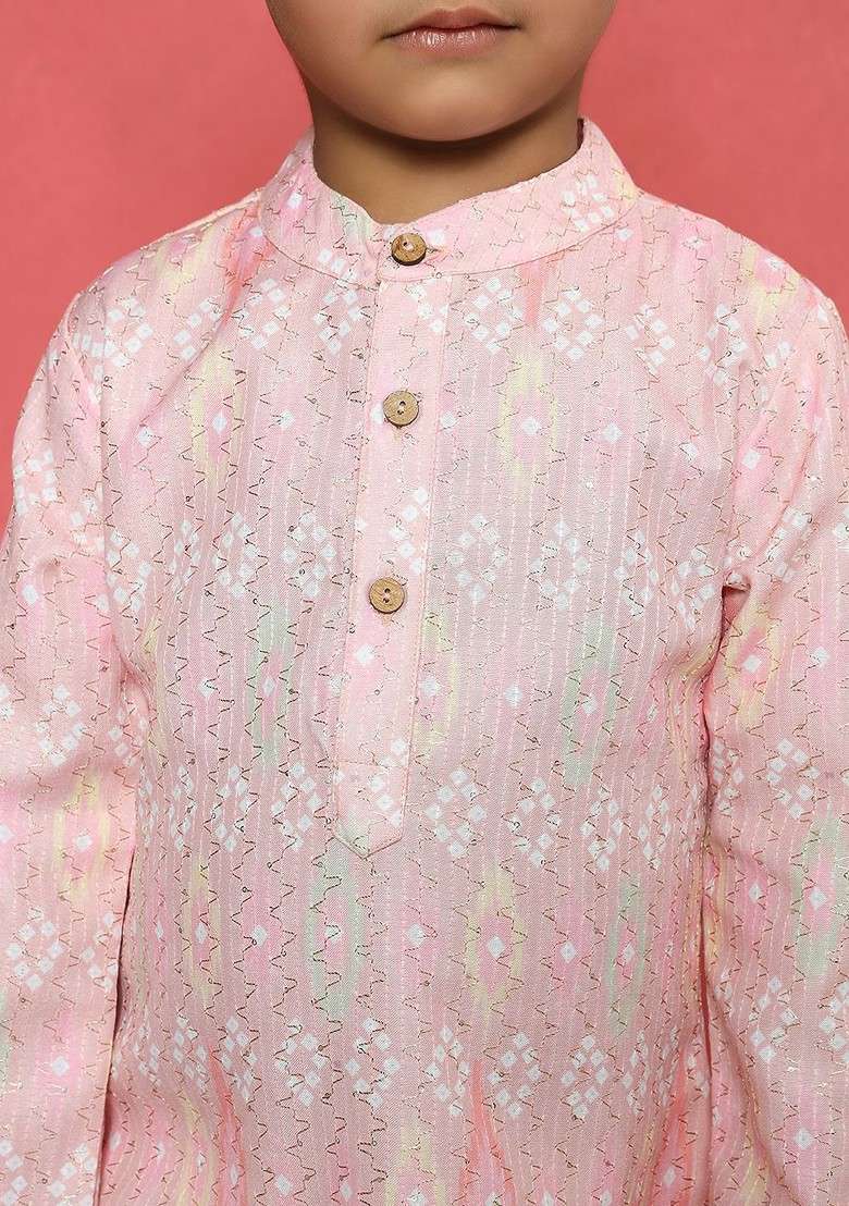 Pink Embroidered Cotton Kurta Set For Boys - Indya