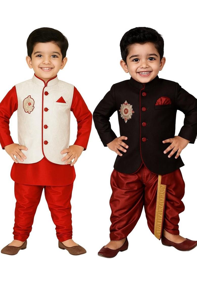 Multi Solid Cotton Kurta Set For Boys - Indya