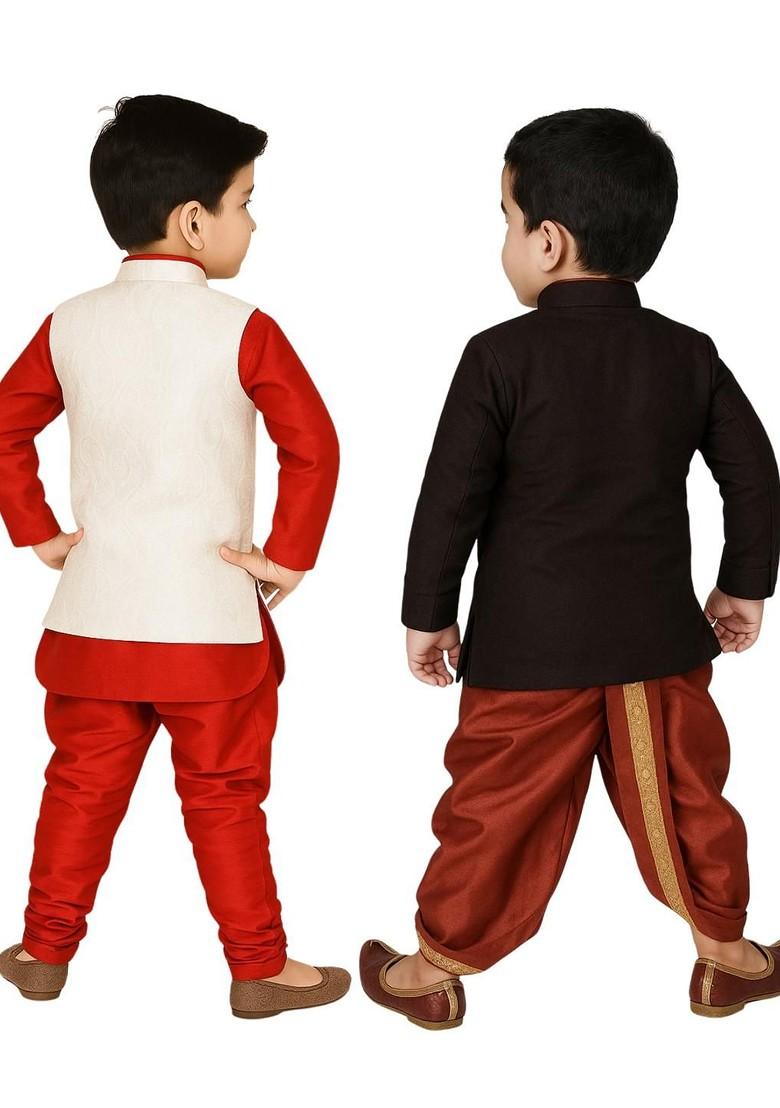 Multi Solid Cotton Kurta Set For Boys - Indya