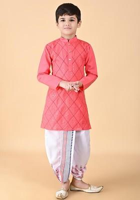 Orange Embroidered Cotton Kurta Dhoti Set For Boys