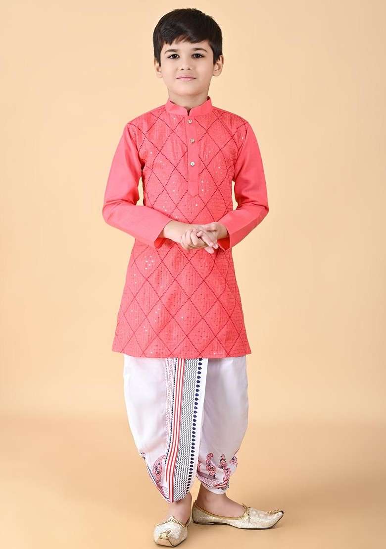 Orange Embroidered Cotton Kurta Dhoti Set For Boys - Indya