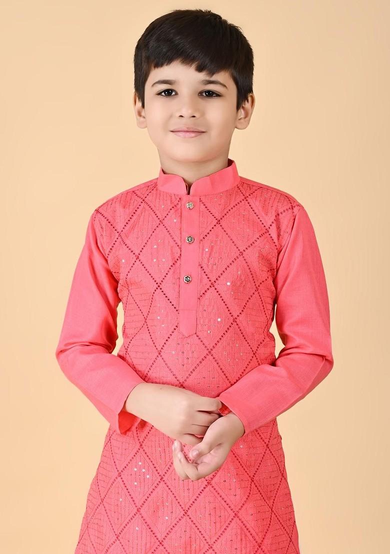 Orange Embroidered Cotton Kurta Dhoti Set For Boys - Indya