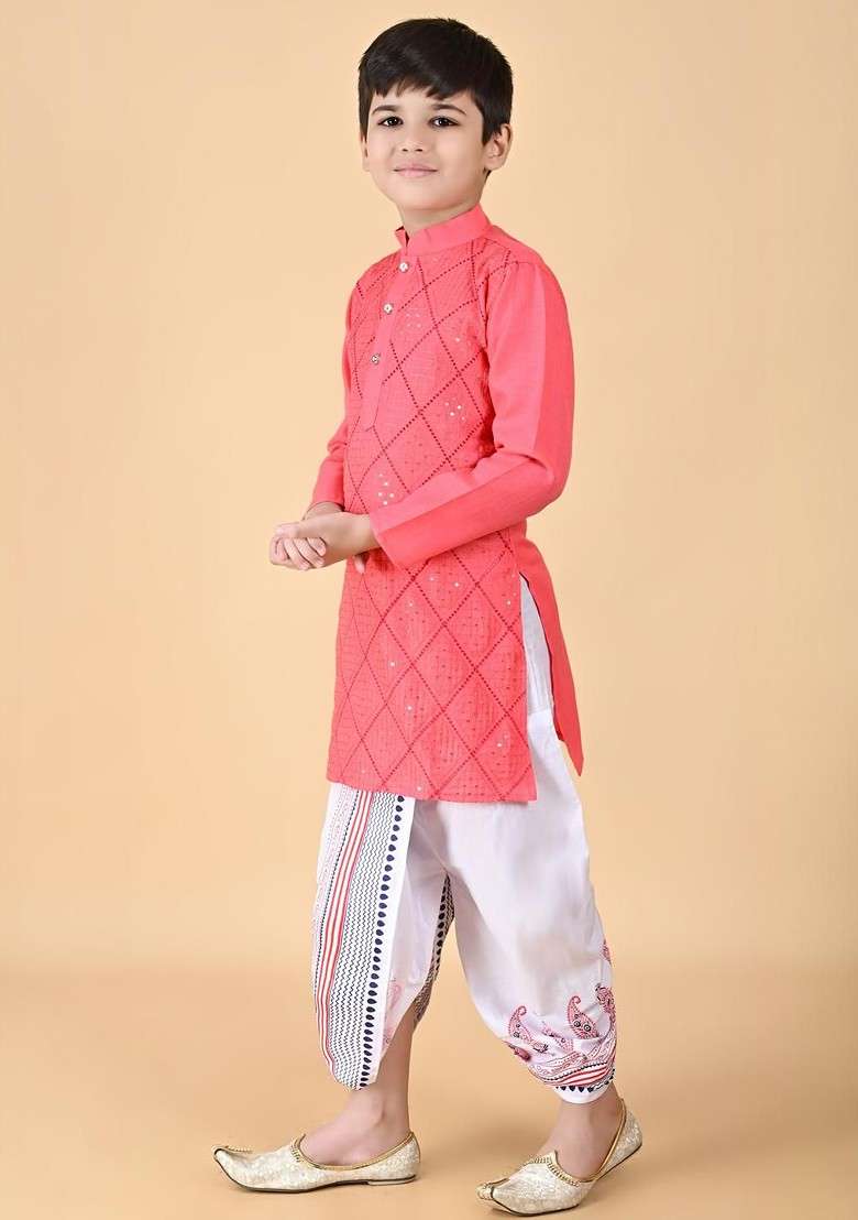 Orange Embroidered Cotton Kurta Dhoti Set For Boys - Indya