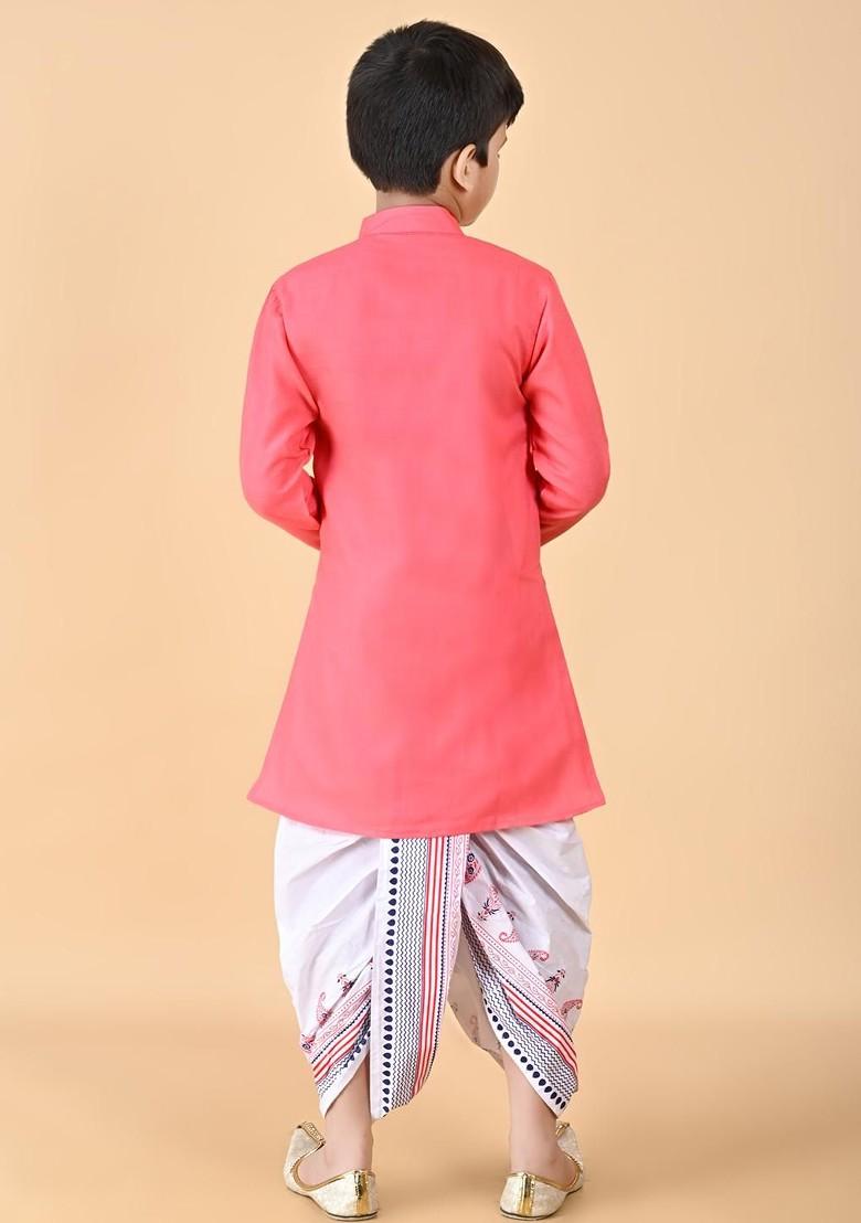 Orange Embroidered Cotton Kurta Dhoti Set For Boys - Indya