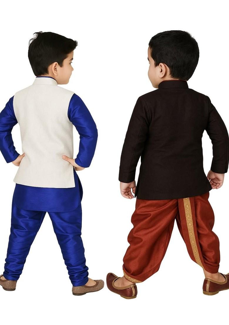 Multi Solid Cotton Kurta Set For Boys - Indya