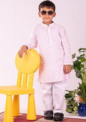 Pink Embroidered Blended Kurta Set For Boys