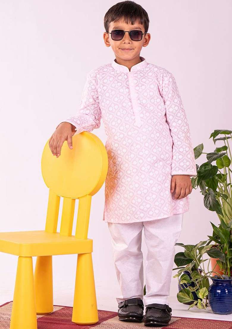 Pink Embroidered Blended Kurta Set For Boys - Indya
