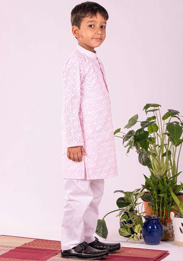 Pink Embroidered Blended Kurta Set For Boys - Indya