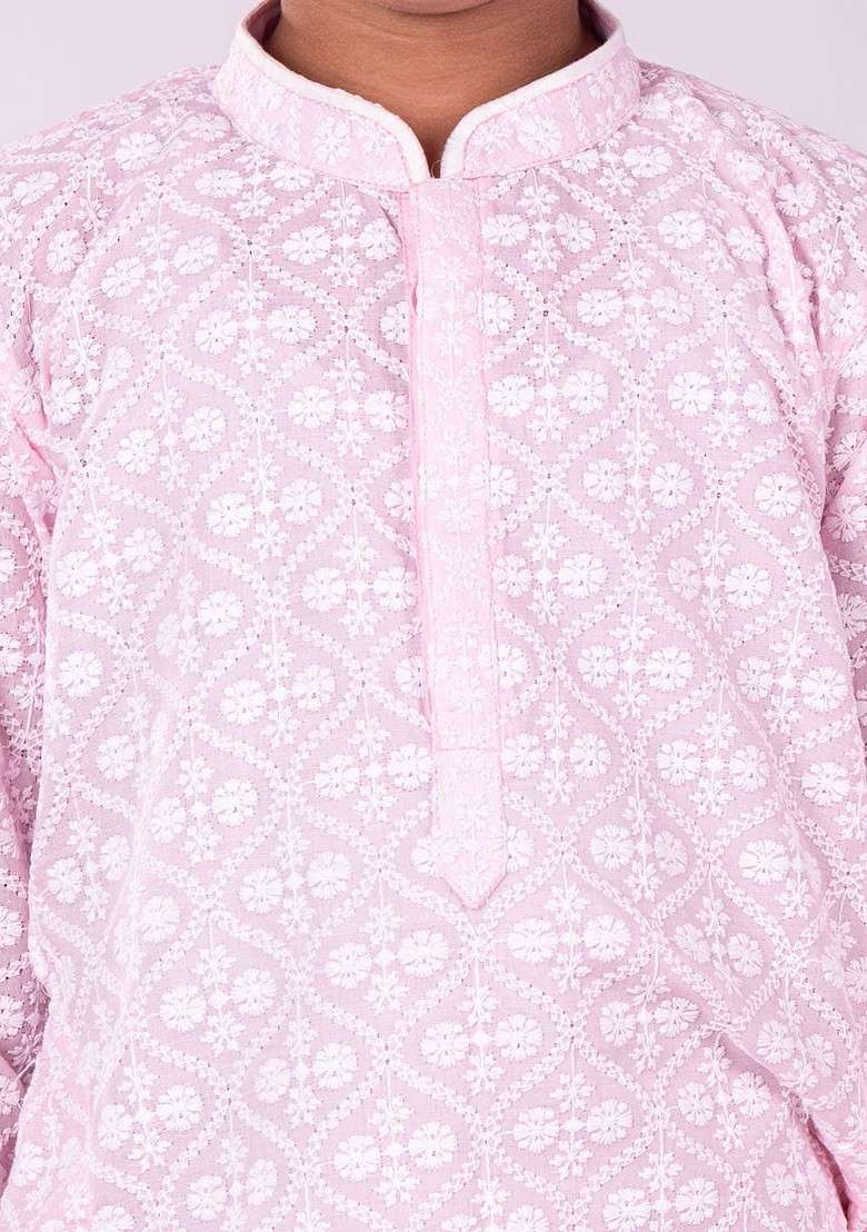 Pink Embroidered Blended Kurta Set For Boys - Indya