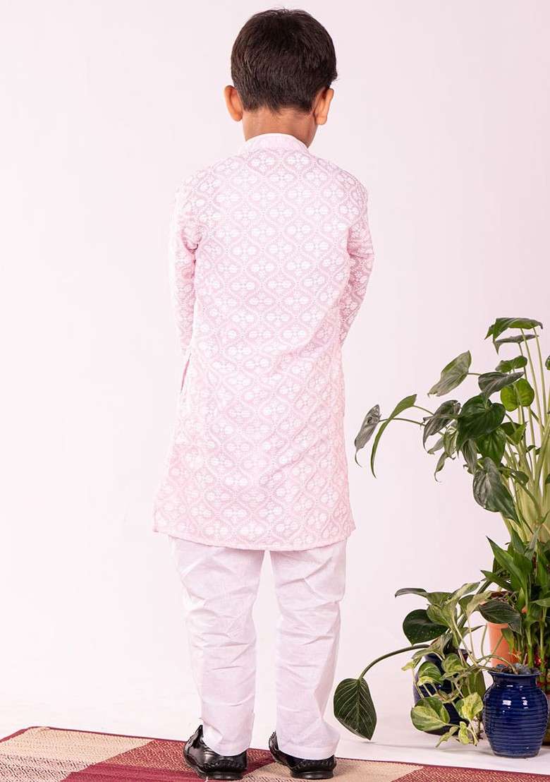 Pink Embroidered Blended Kurta Set For Boys - Indya