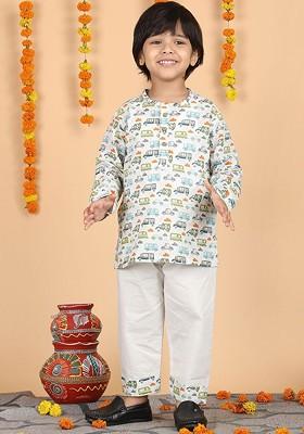 White Printed Cotton Kurta Set For Boys