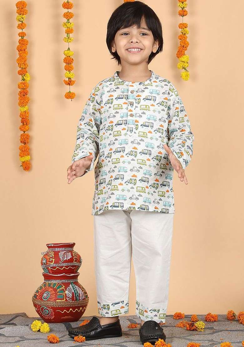 White Printed Cotton Kurta Set For Boys - Indya