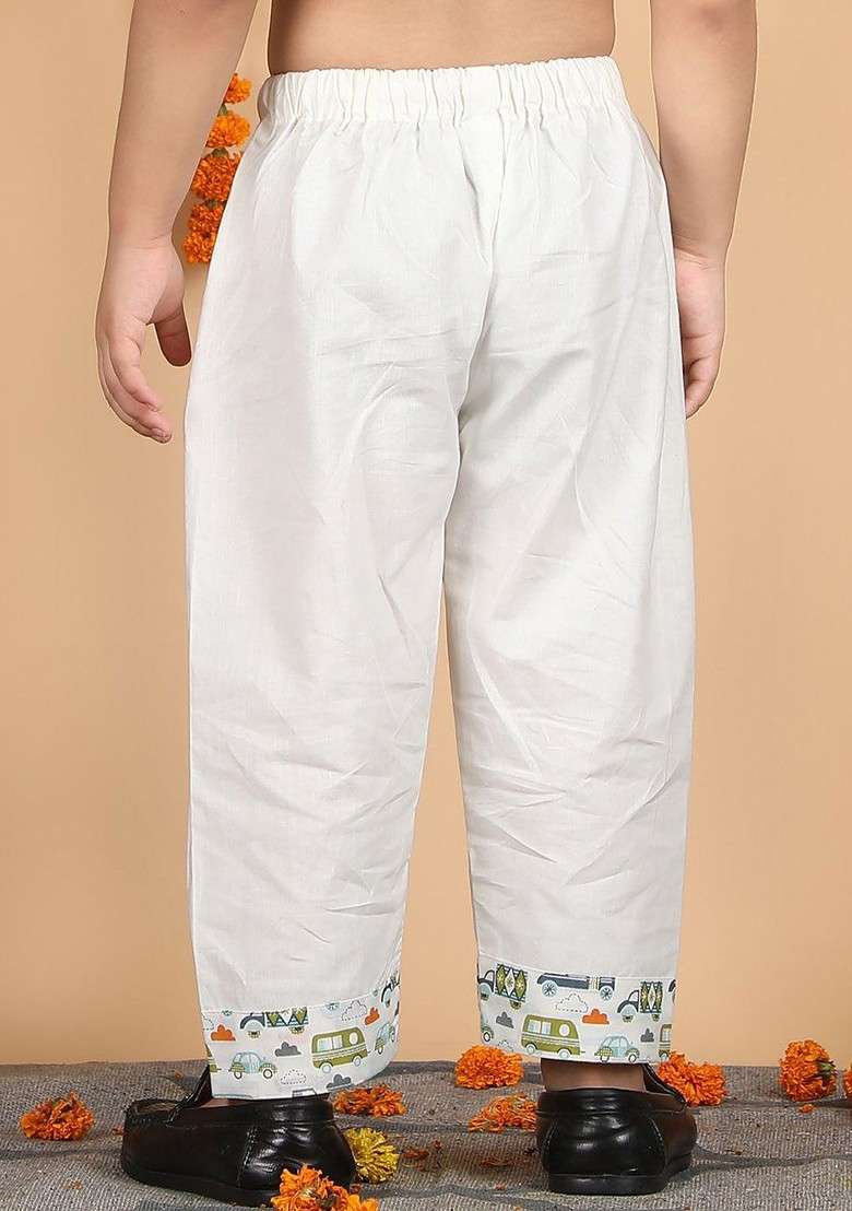 White Printed Cotton Kurta Set For Boys - Indya