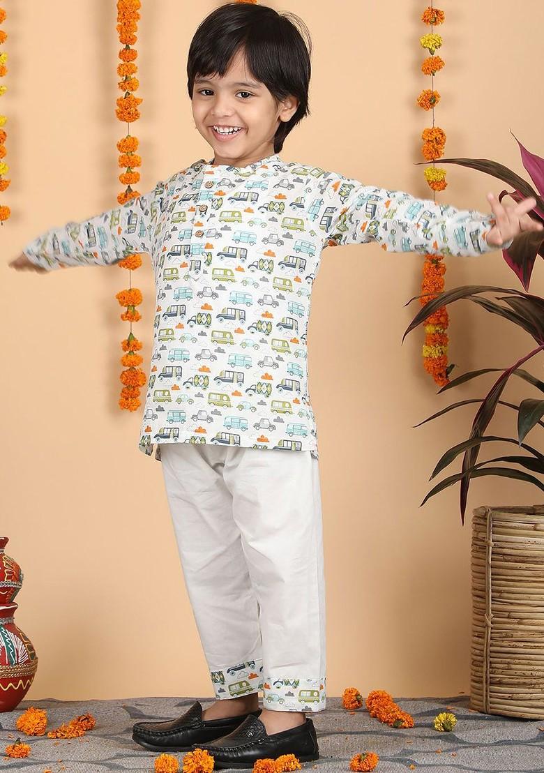 White Printed Cotton Kurta Set For Boys - Indya