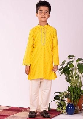 Yellow Printed Blended Kurta Set For Boys