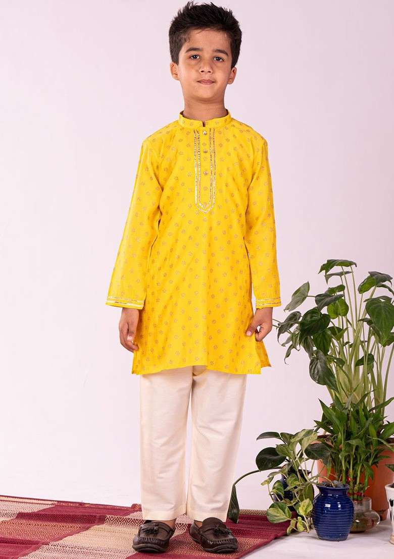 Yellow Printed Blended Kurta Set For Boys - Indya