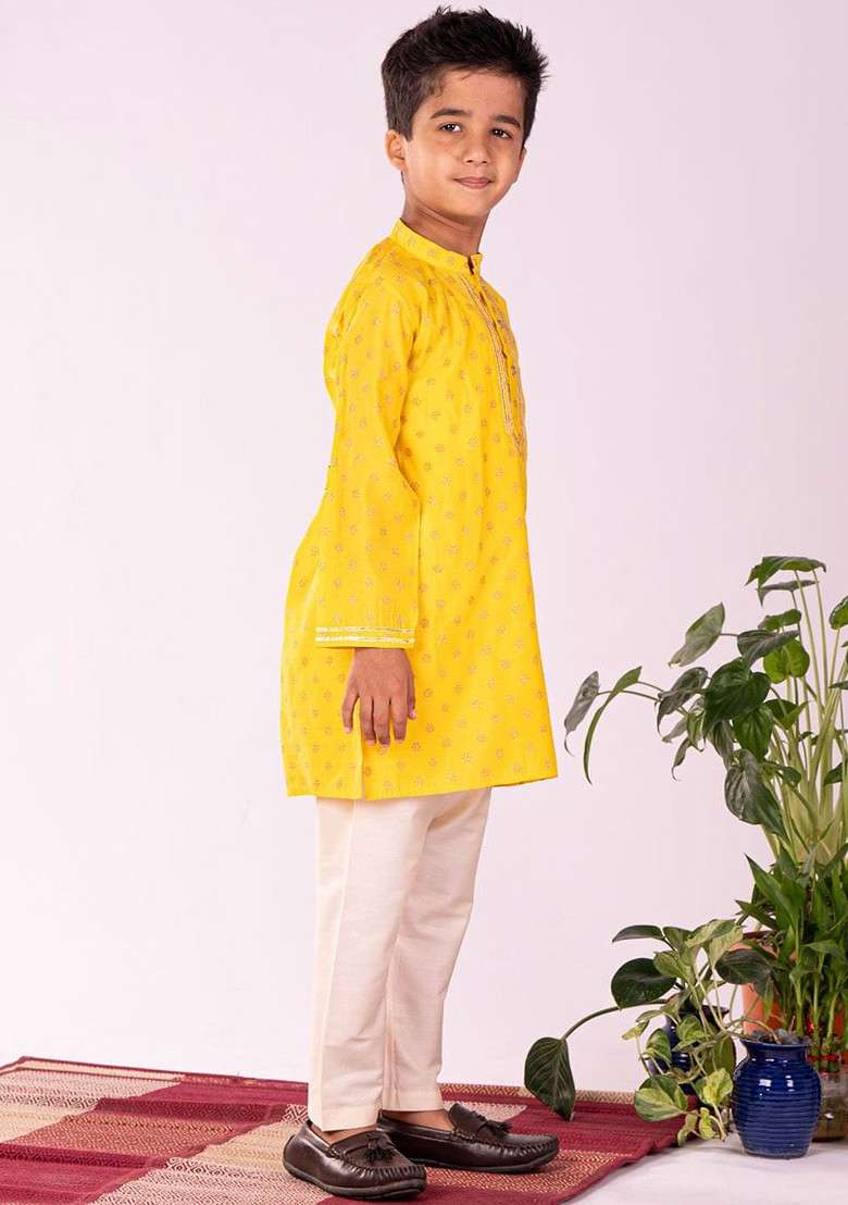 Yellow Printed Blended Kurta Set For Boys - Indya