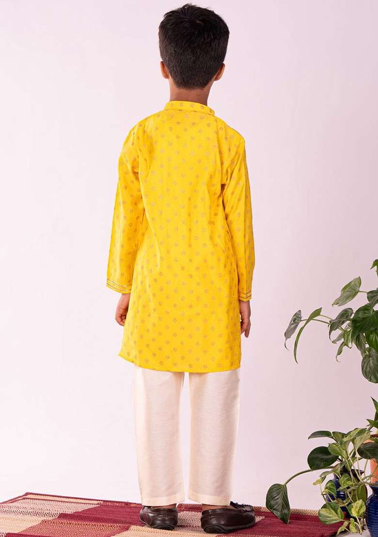 Yellow Printed Blended Kurta Set For Boys - Indya