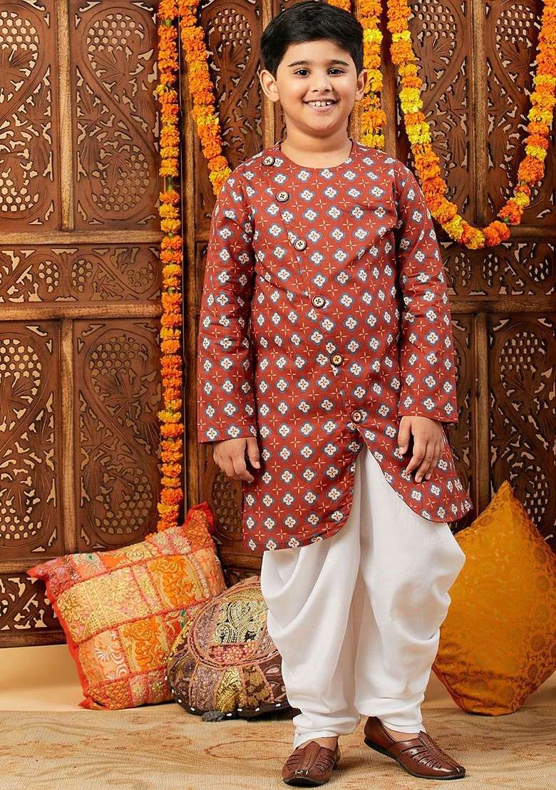 Maroon Printed Cotton Kurta Dhoti Set For Boys - Indya