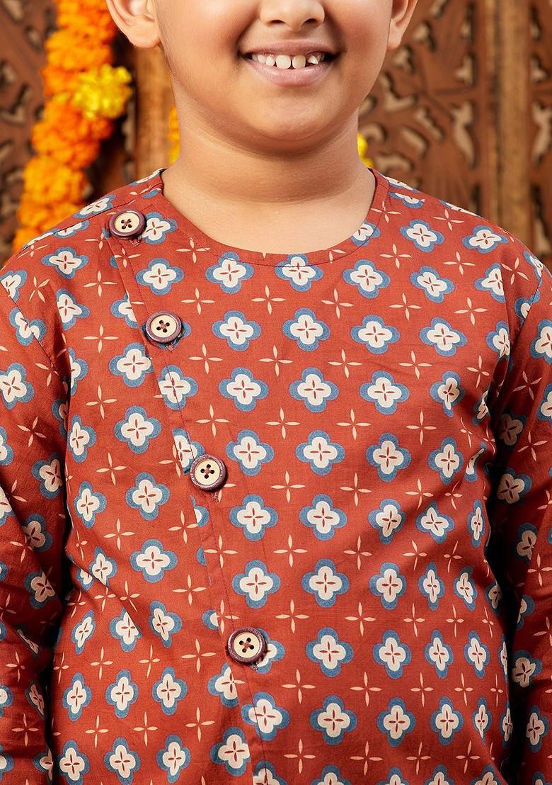 Maroon Printed Cotton Kurta Dhoti Set For Boys - Indya