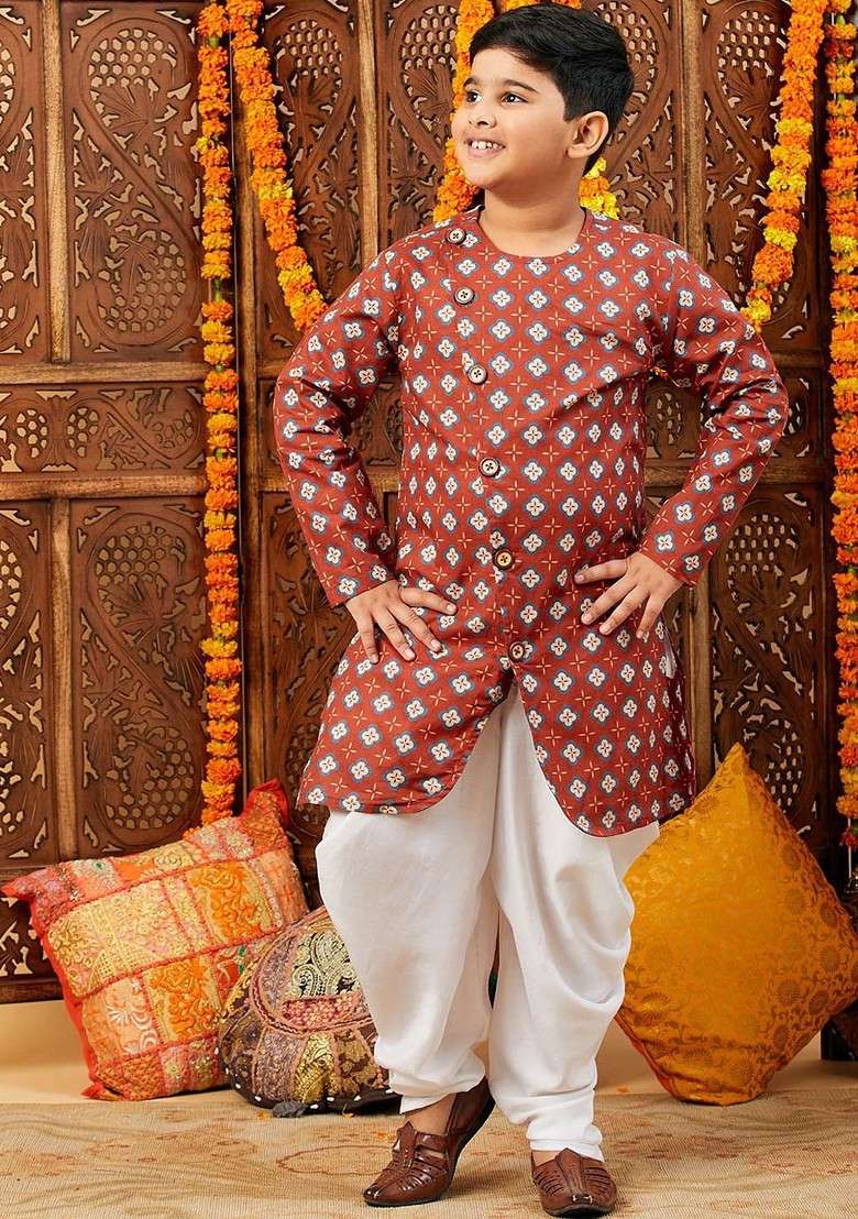 Maroon Printed Cotton Kurta Dhoti Set For Boys - Indya