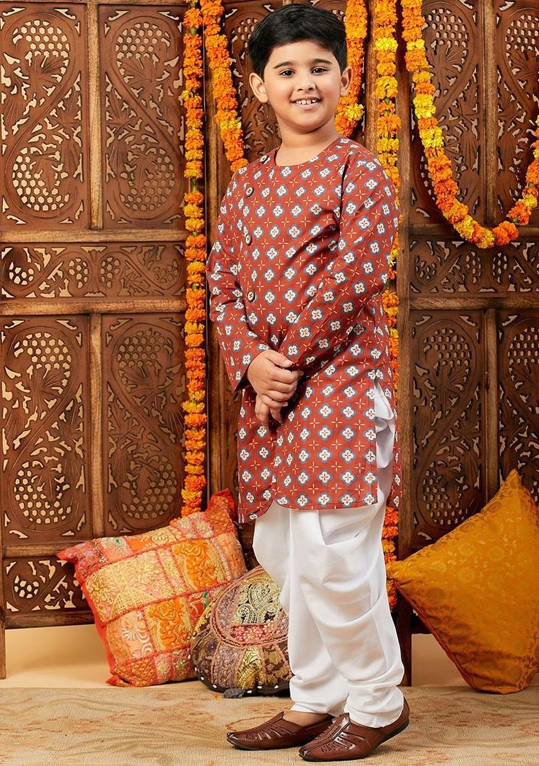 Maroon Printed Cotton Kurta Dhoti Set For Boys - Indya