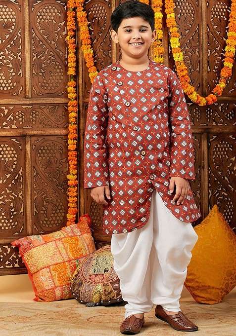 Maroon Printed Cotton Kurta Dhoti Set For Boys