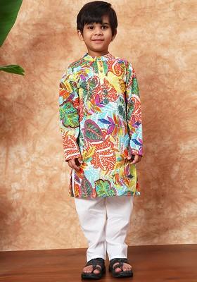 White Printed Cotton Kurta Set For Boys