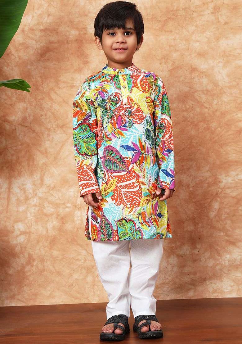 White Printed Cotton Kurta Set For Boys - Indya