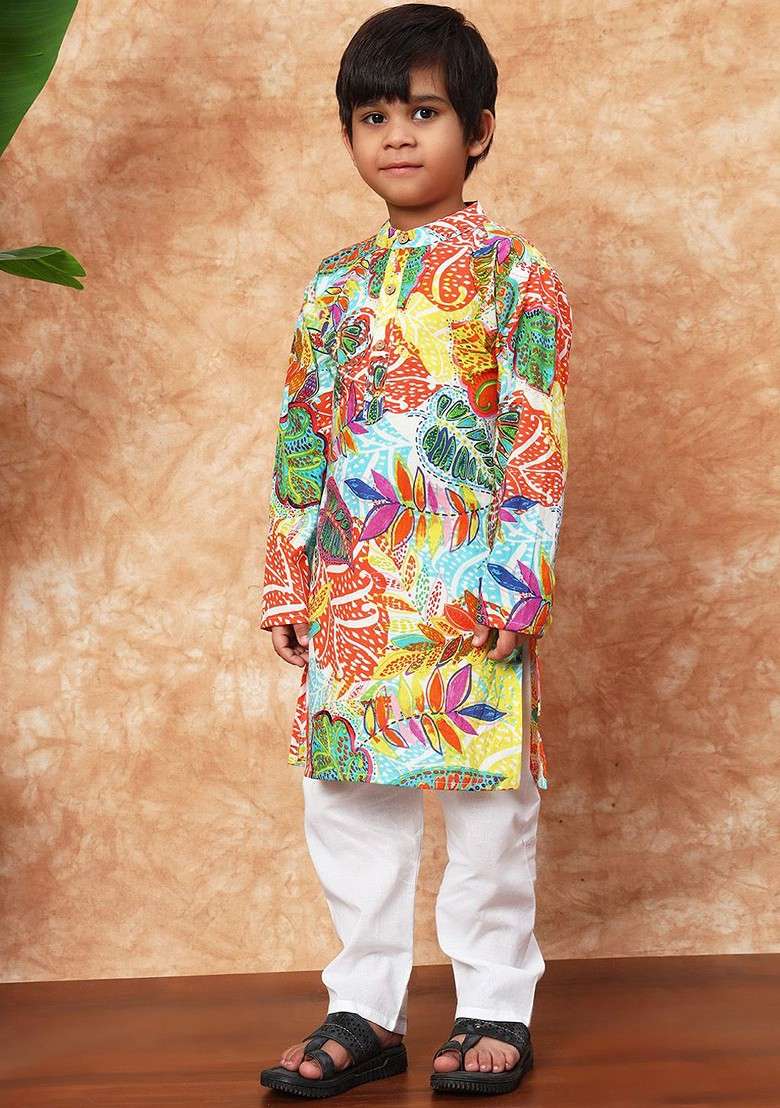 White Printed Cotton Kurta Set For Boys - Indya