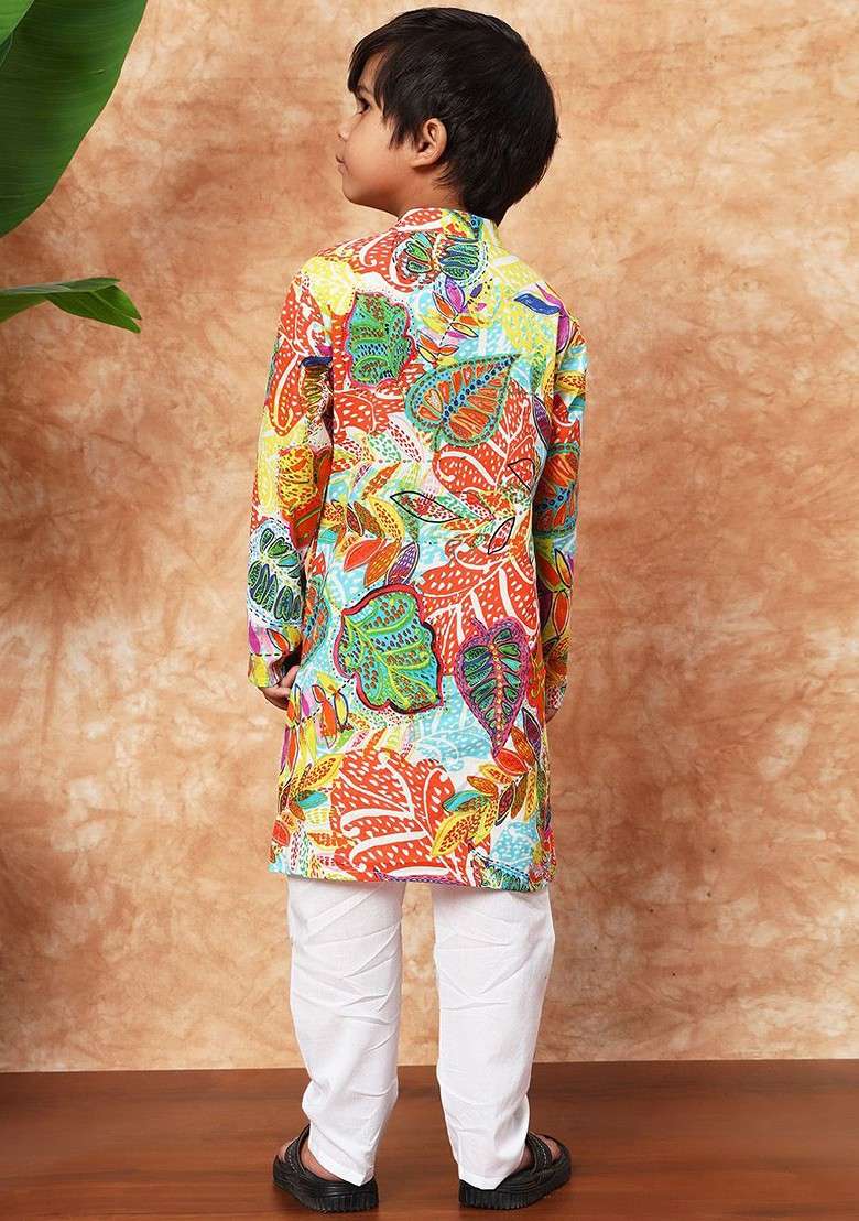 White Printed Cotton Kurta Set For Boys - Indya