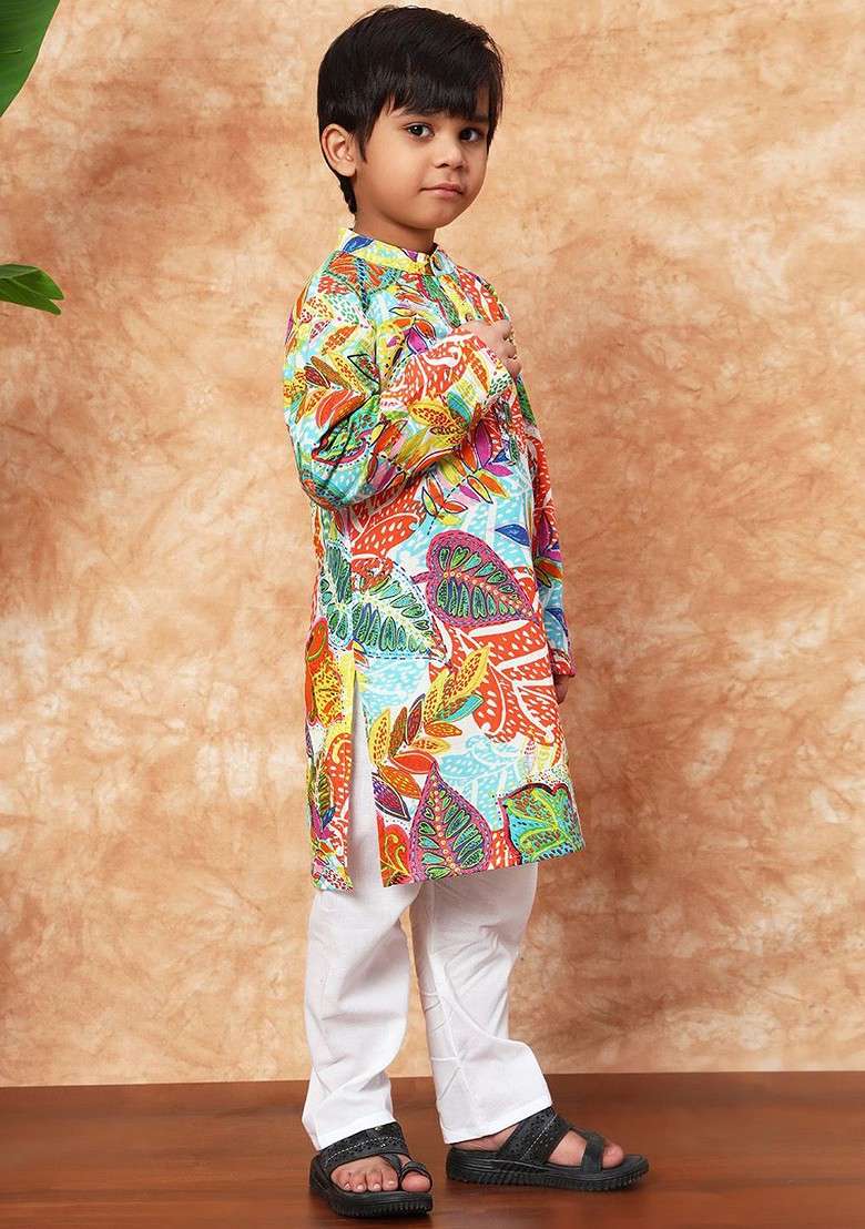 White Printed Cotton Kurta Set For Boys - Indya
