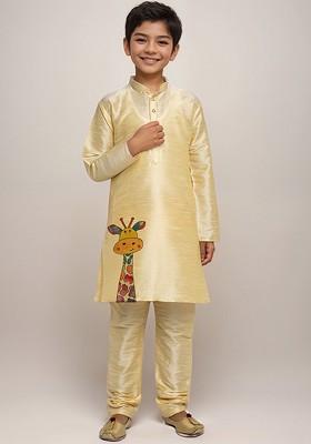 Beige Printed Silk Kurta Set For Boys