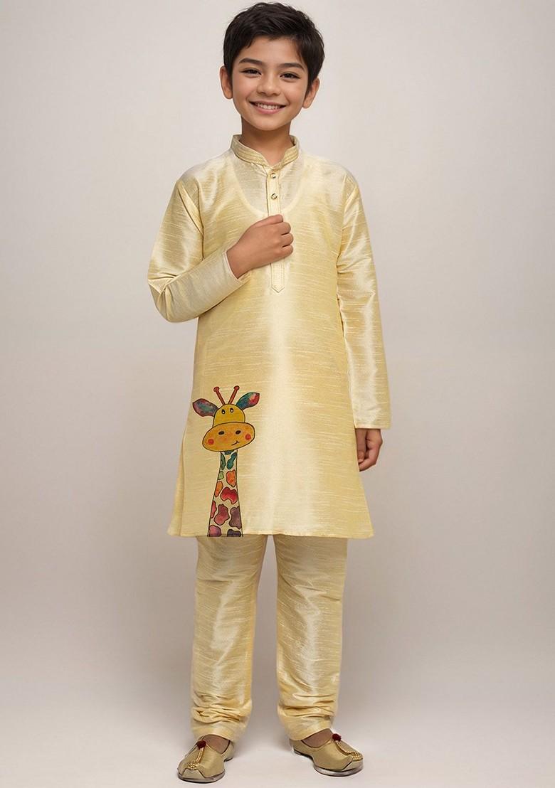 Beige Printed Silk Kurta Set For Boys - Indya