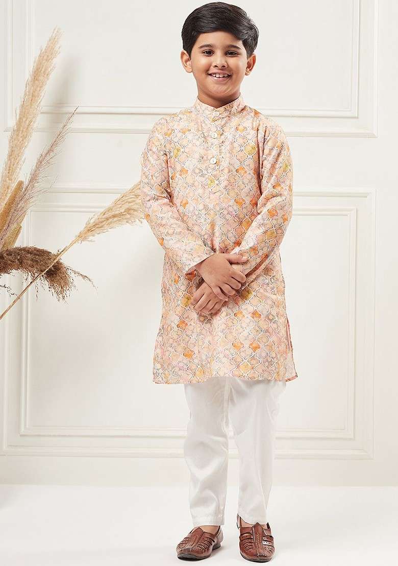 Pink Printed Blended Kurta Set For Boys - Indya