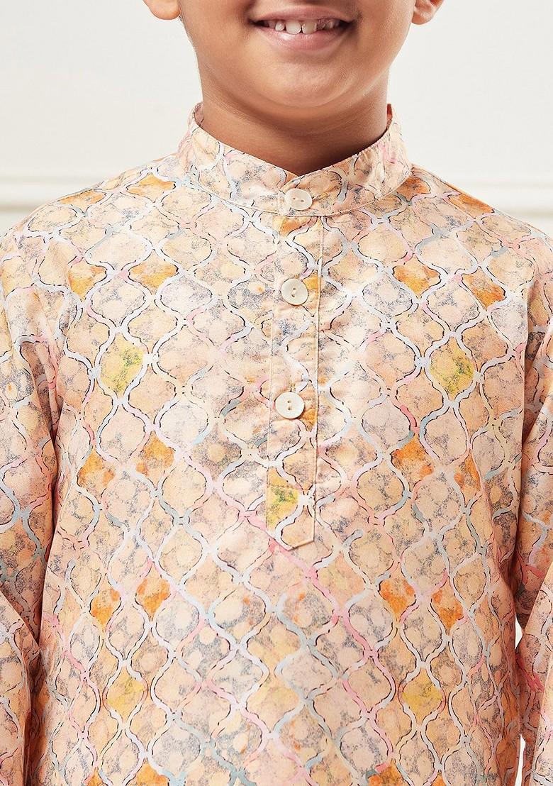 Pink Printed Blended Kurta Set For Boys - Indya