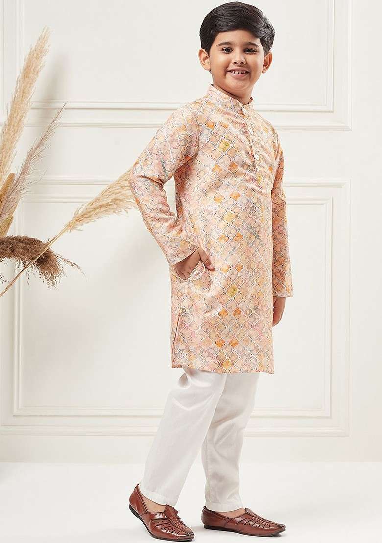 Pink Printed Blended Kurta Set For Boys - Indya