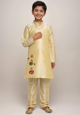 Beige Printed Blended Kurta Set For Boys